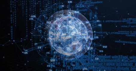 Poster - Faint blue sphere emerging in void forming radial mesh and scrolling code streams driving data flow