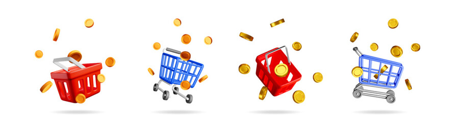 Poster - 3d image of shopping baskets and carts with golden coins falling. Online shopping, retail, and discount concept for business promo.