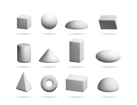 White collection of 3d basic geometric shapes like cube, sphere, cylinder, and pyramid. Mathematics concept.