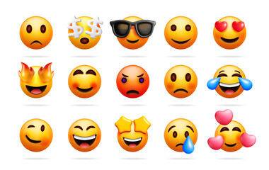 Poster - 3d emoji set different emotions and expressions reaction. Yellow emoticons social media communication. Vector 3d render illustration for ui ux design.