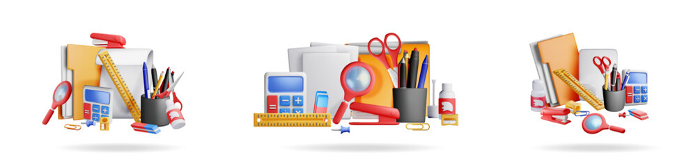 Poster - A 3d render of set of office and school supplies in three groups. Cartoon stationery items for education and business.