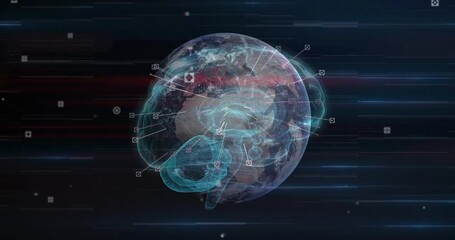 Poster - Opening space, globe-brain appearing rotating and linking UI nodes with flashing highlights