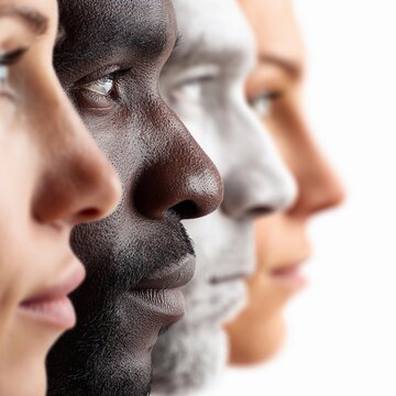 Diverse faces illustrating the spectrum of human identity and expression with a focus on distinct features and skin tones