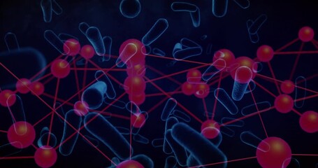 Poster - On start, 3D network showing red nodes linking and pulsing while blue rods drifting showing growth
