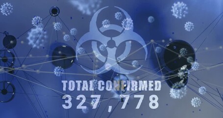 Poster - Animation starting with blue nodes, biohazard symbol pulsing and counter climbing showing totals