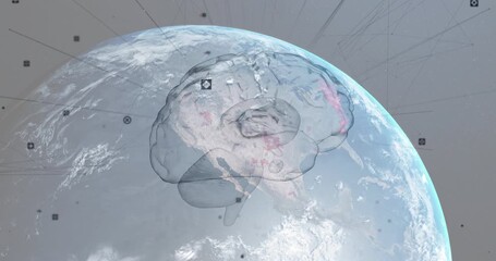 Poster - Earth rising while translucent brain wireframe rotating and network nodes activating connection