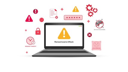 Poster - Scam and ransom attack concept 4k animation with red floating shapes around the laptop screen, virus, ransomware, lock, security failure