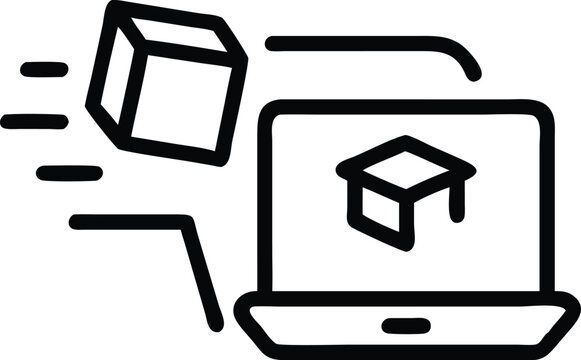 Black outline icon of a box moving towards a laptop screen displaying a box online checkout