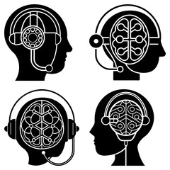 Poster - Four stylized heads with different brain technology interfaces in black and white design view