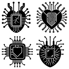Fototapete - Four black heart shaped microchips with circuit board elements in a vector illustration style design