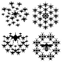 Poster - Four distinct arrangements of drones, bees, and ants in a symmetrical and organized black and white pattern