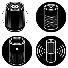 Poster - Four circular icons displaying different black and white smart speaker designs and sound wave patterns