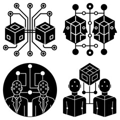 Fototapete - Four images of connected cubes and people representing ai and technology in a black and white design