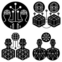 Poster - Illustrations showing interconnected human figures with technology and geometric patterns in black and white