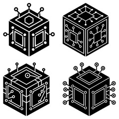 Fototapete - Illustration of four black isometric cubes with circuit board designs and protruding connectors