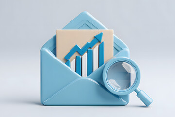 Poster - 3D blue icon of digital marketing and finance: a bar graph arrow pointing up inside an open envelope, highlighted by a magnifying glass on a clean white background.