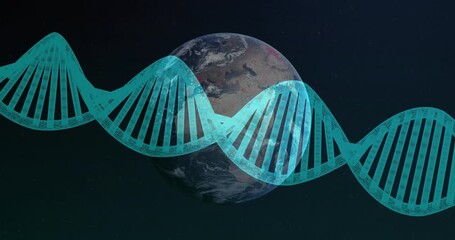 Poster - After one second, animated teal DNA helix sliding across rotating Earth, representing genomic link