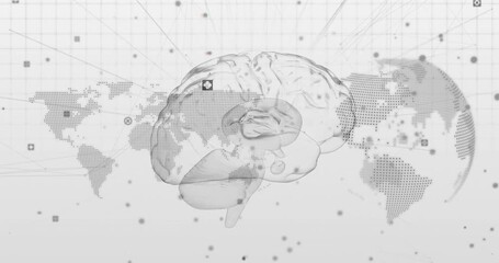 Poster - Brain model entering left, pulsing nodes over map, rotating lines, settling right visualizing data