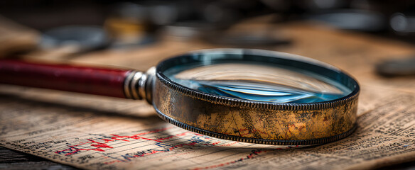 Poster - The magnifying glass highlighting financial data and market trends on paper.