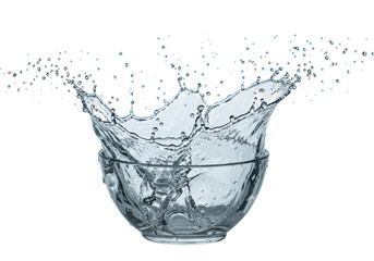 Poster - A dynamic splash of clear water erupting from a glass bowl, captured midmotion and isolated on white isolated on transparent background