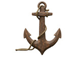 A rustic wooden ship anchor with a thick rope coiled around it, presented on a transparent background