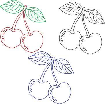 Hand drawn black blue red cherry line art isolated on white background. Clipart image of cheery fruit , vector illustration
