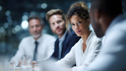 Poster - A group of professionals engaged in a brainstorming session around a table in an office setting  long title A diverse team of business professionals
