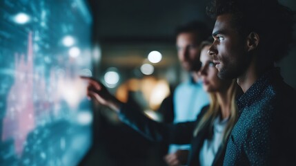 Poster - Team analyzing data on large screen in corporate office setting