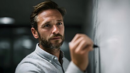 Poster - A marketing strategist writes a campaign plan on a whiteboard  long title A focused and determined marketing strategist stands in front of a