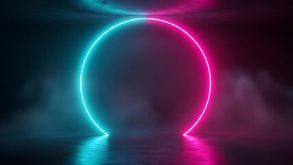 Wall Mural - Glowing pink, teal circle portal, dark space with fog. Great for tech, gaming, and abstract backgrounds