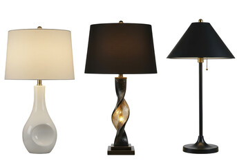 Poster - A trio of diverse table lamps, featuring a white ceramic, a twisted glass, and a black metal design, isolated on a transparent background
