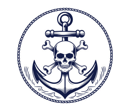 nautical logo vector illustration, old english anchor with skull graphic design