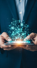 Poster - Hands hold smartphone, displaying a network of glowing nodes and connections, symbolizing digital connectivity and technological innovation