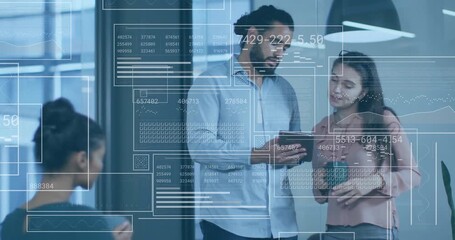 Poster - Standing co-workers swiping tablet and sharing live business data with animated overlays and charts