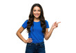 © Vooglo.com - A young woman in a blue shirt and jeans smiles and points to the side, isolated on a transparent background