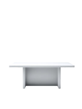 A stark white table with a minimalist design set against a solid black background space