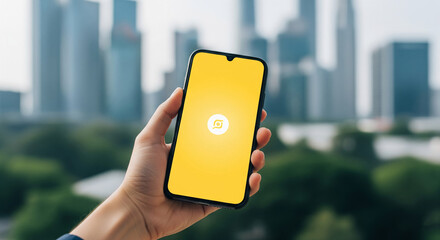 Aufkleber - Hand holding smartphone with yellow screen and small logo, cityscape blurred background Mockup for app presentation