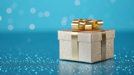 Poster - Silver gift box tied with golden ribbon, resting on shimmering blue surface, radiating holiday celebration