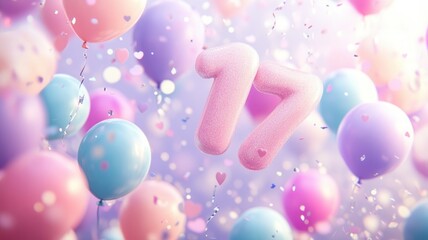 Poster - Pink number seventeen floating among or colored balloons and pastel celebrating a birthday confetti, anniversary