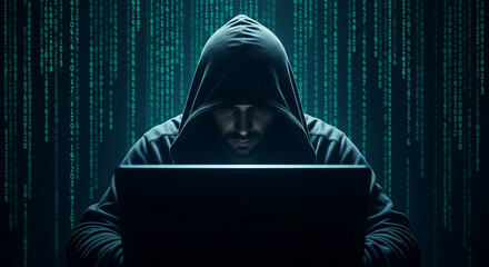 Aufkleber - Hooded figure working on laptop, green digital code background, symbolizes cybersecurity, hacking, data privacy, or digital world