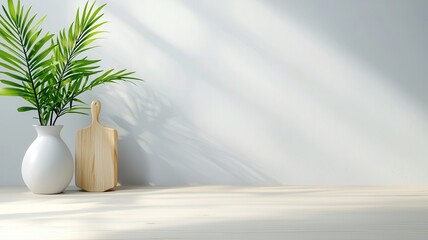 Poster - Sunlit minimalist a counter features a plant in a white vase and kitchen wooden cutting board, creating a serene and stylish culinary space