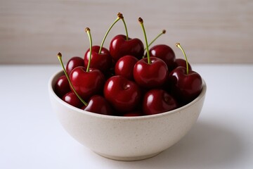 Leinwandbilder - Bright red fresh cherries in a white ceramic bowl on a light wooden background.