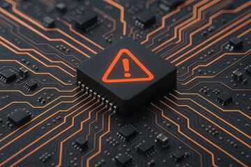 Leinwandbilder - Close up of microchip with warning icon printed on a circuit board background.