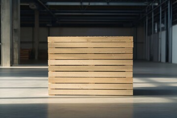 Poster - Stacked wood planks create an abstract wooden structure in a spacious indoor area