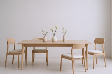 Poster - Minimalist Light Wooden Dining Table with Four Matching Chairs and Decorative Vases.