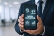 © Generative AI - Businessman Holding Smartphone Displaying Digital Marketing Icons and Strategies.