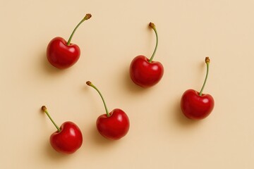 Leinwandbilder - Close-up of five fresh bright red cherries with green stems on beige background.