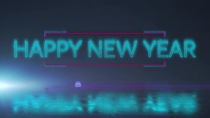 Poster - Purple flare sweeping neon fragments snapping into brackets forming HAPPY NEW YEAR glitching fading