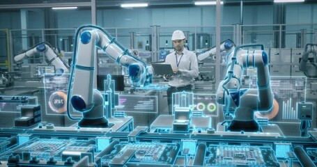 Caucasian Engineer Standing in an Industrial Facility, Using Laptop at an Electronics Factory. Modern Production Conveyor Belt Highlighted with Digital Infiormation, Visualizing Computer Vision