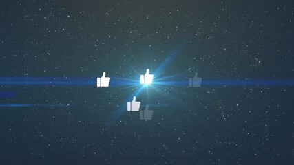 Poster - Dense star field opening glowing star pulsing thumbs up icons clustering fading showing approval